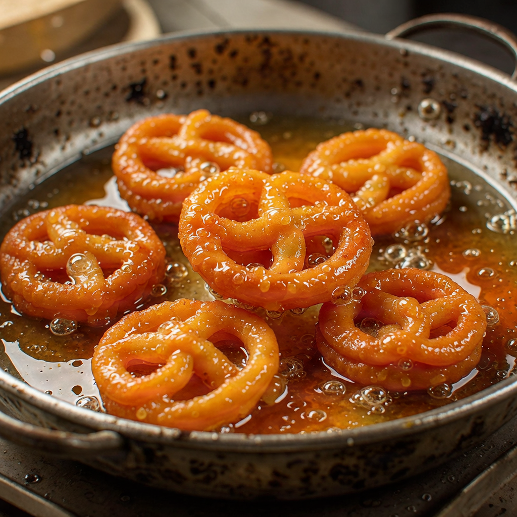 Crispy orange Jalebis being fried.