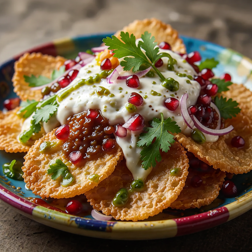 Delhi Chaat with yogurt and chutneys.